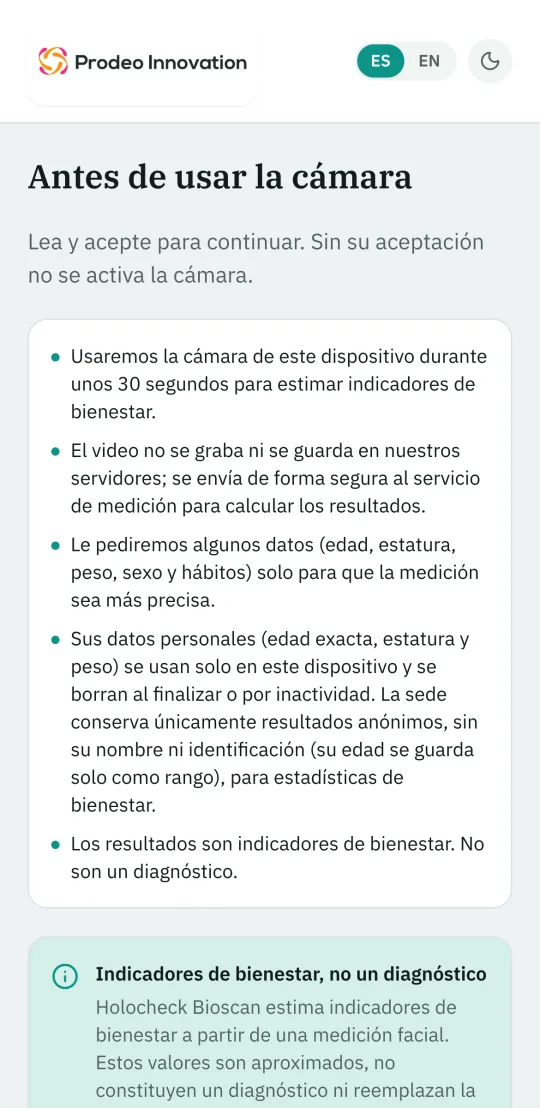 Pantalla de consentimiento informado en el teléfono, previa a activar la cámara