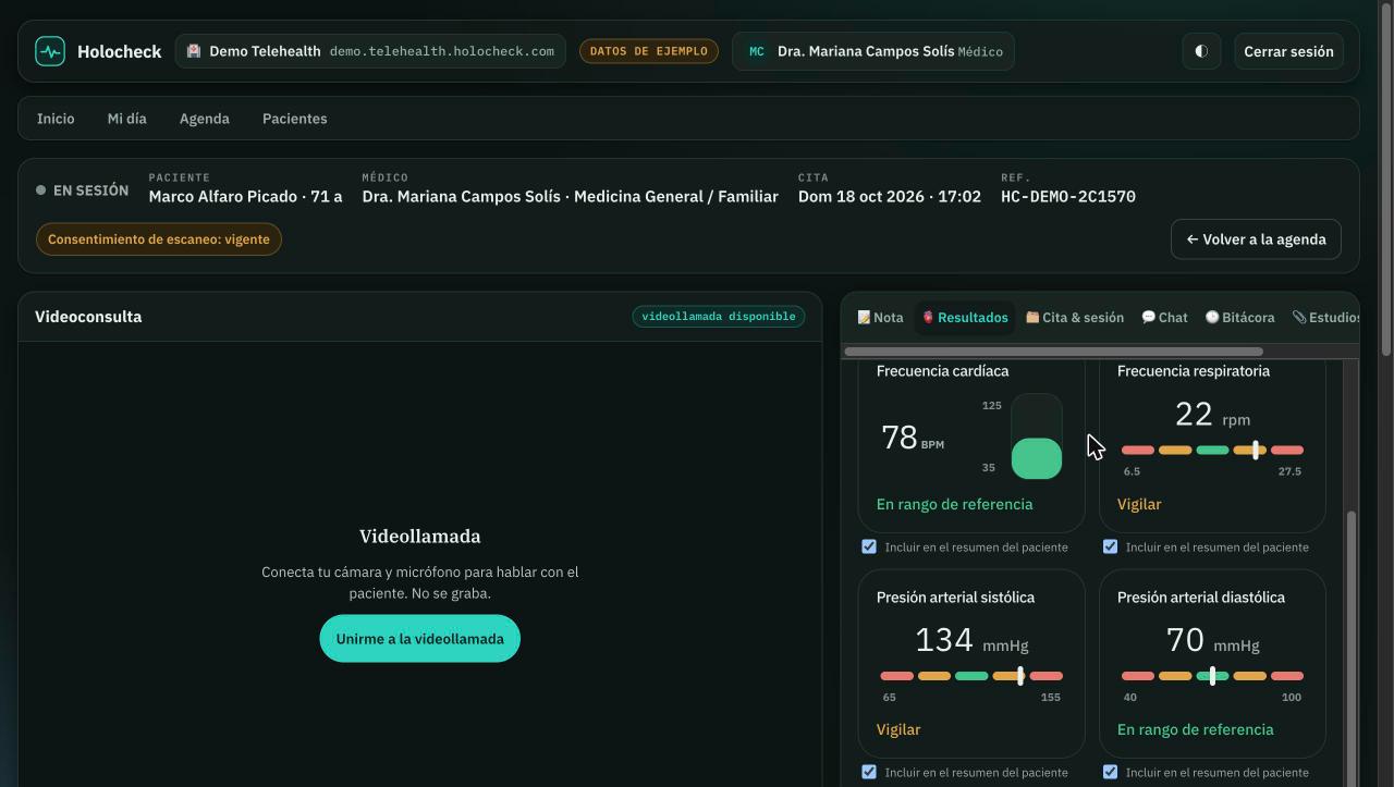 Consola del médico de Holocheck: biomarcadores de la consulta (frecuencia cardíaca, respiratoria y presión) medidos por video sin contacto, con el aviso de que son indicadores de bienestar y no un diagnóstico